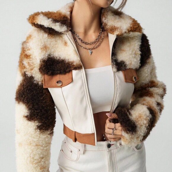 Jackets & Blazers - western Casual Women's faux Leather & faux Fur Patchwork Cropped Jacket,